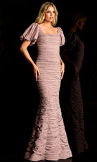 Jovani 48057 - Ruched Texture Puff Sleeve Evening Gown - detail view