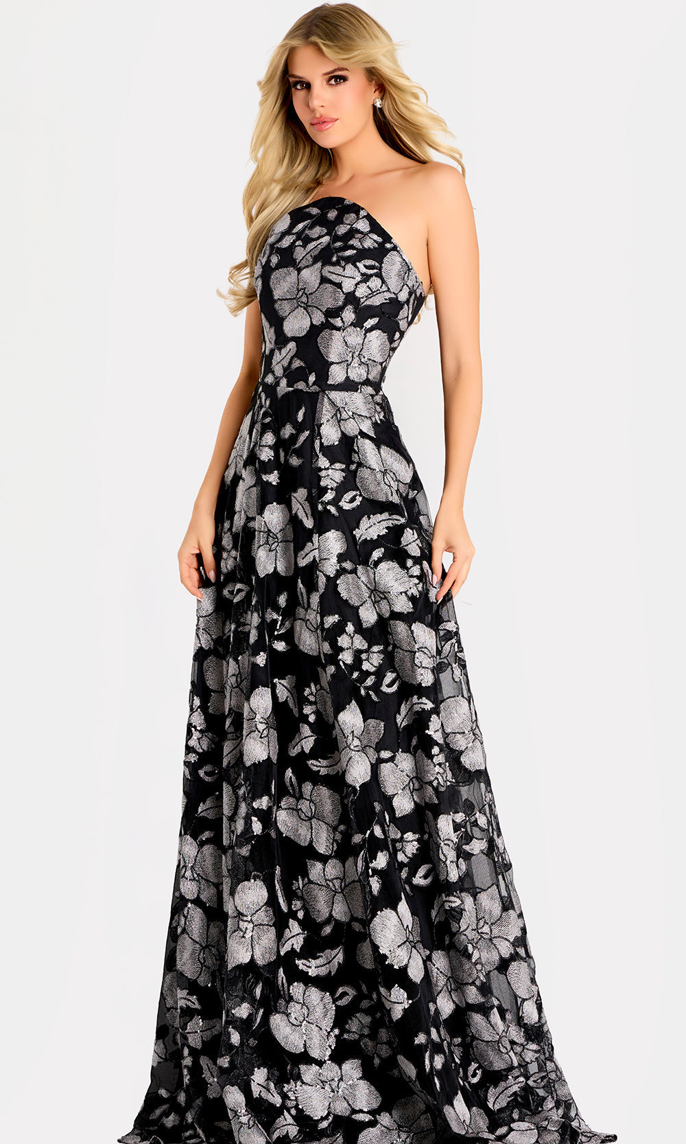 Jovani 48175 - Floral Pattern Strapless Neck Long Gown - detail view