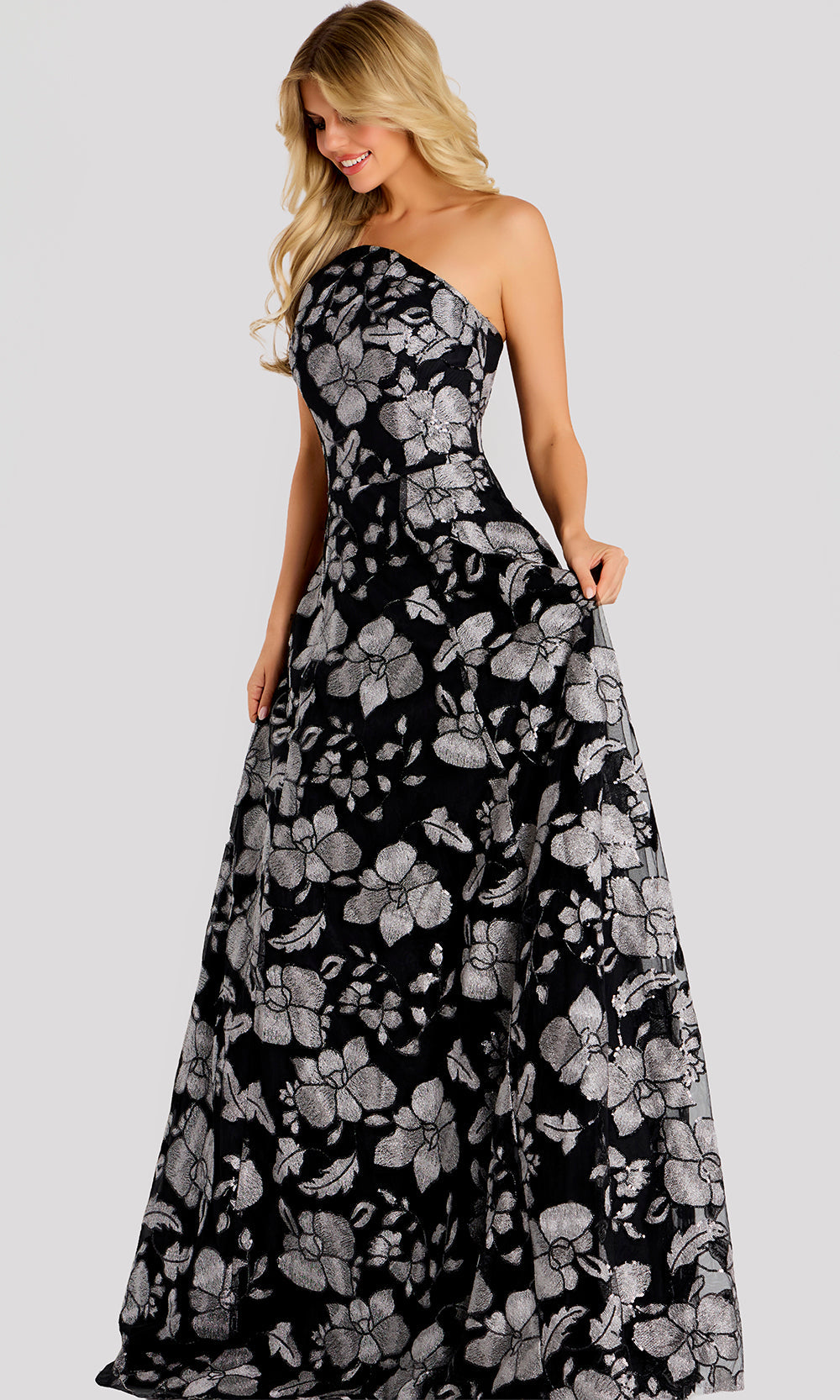 Jovani 48175 - Floral Pattern Strapless Neck Long Gown - back view