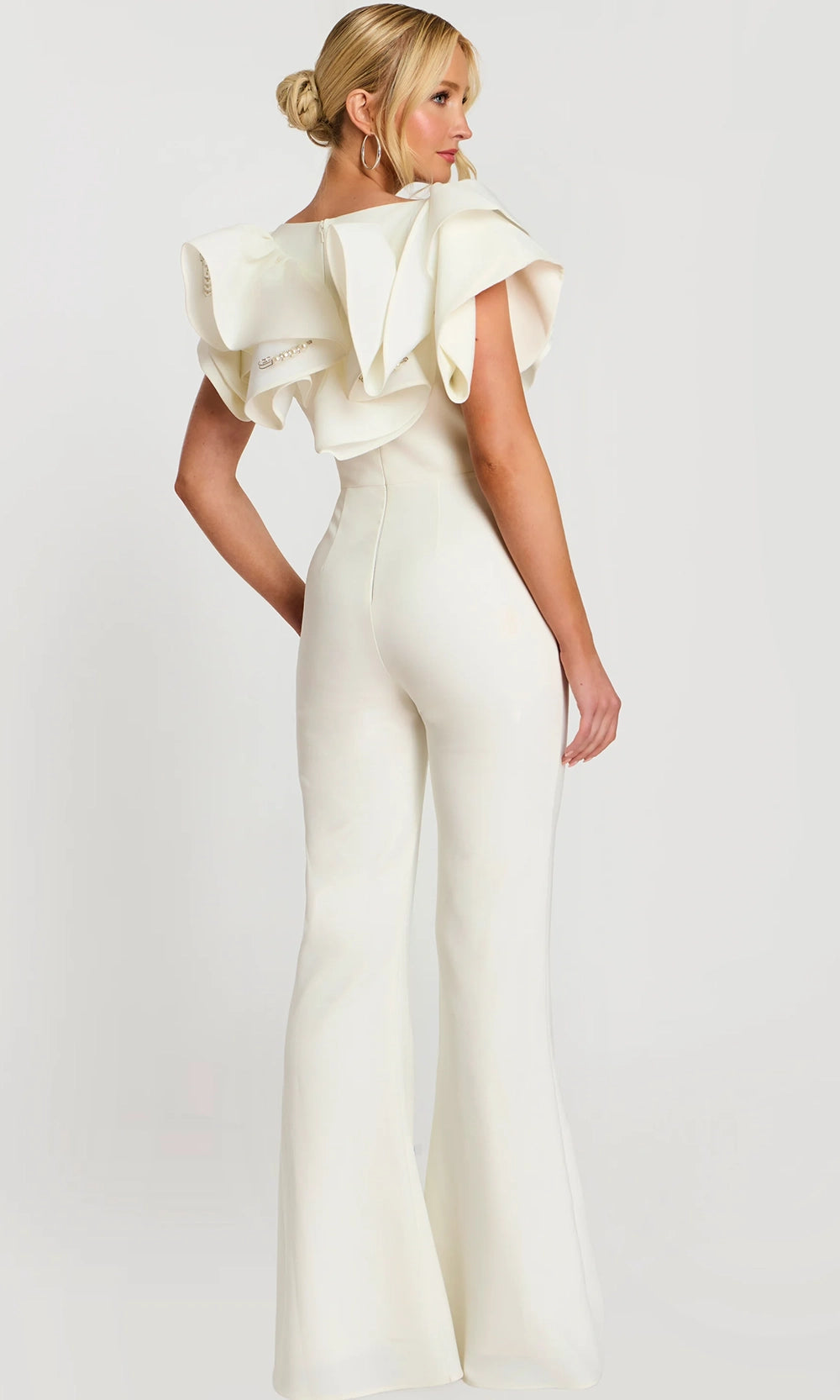 Jovani 48254 - Bateau Neck Ruffle Shoulder Jumpsuit - detail view
