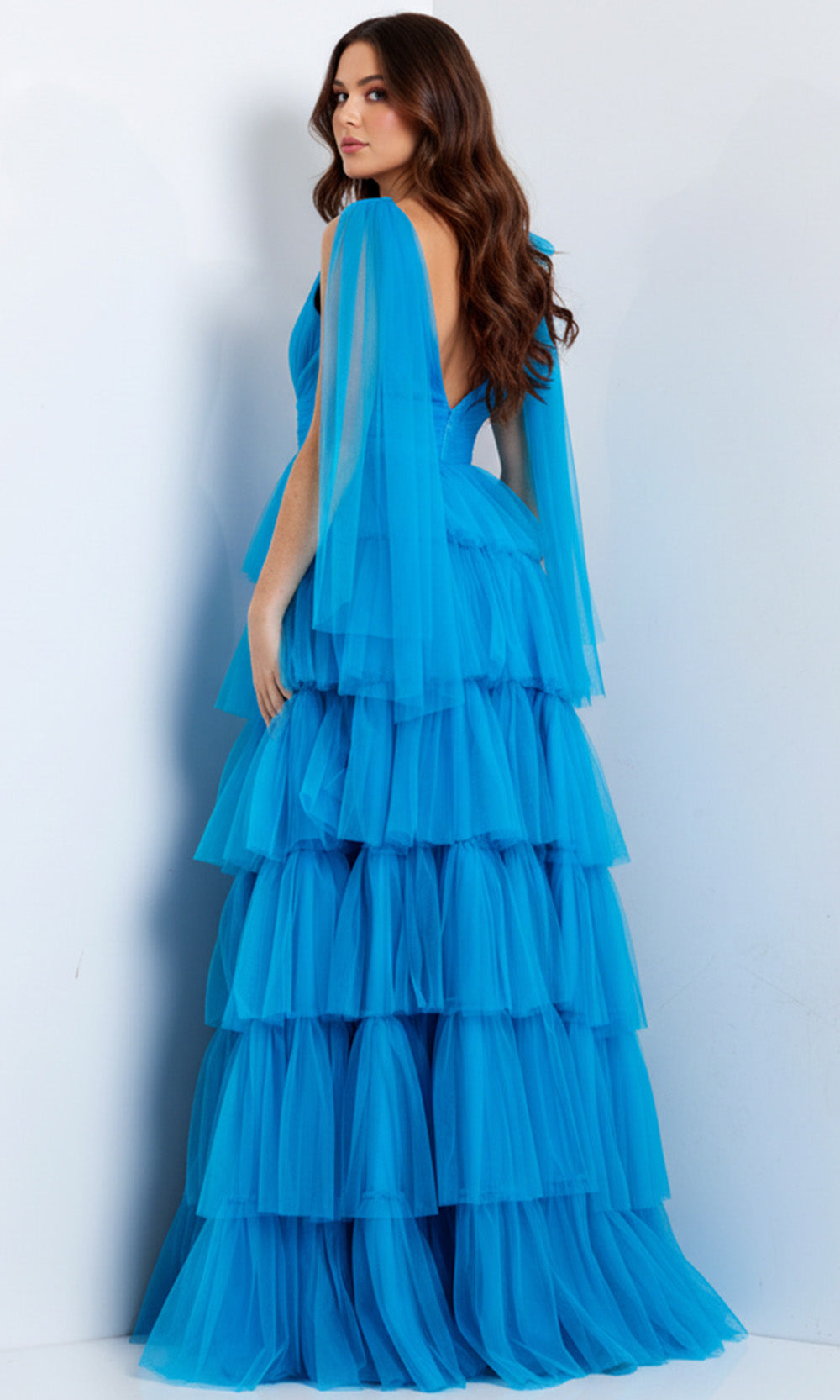 Jovani 48288 - Tiered Tulle Gown with Bow Straps - back view