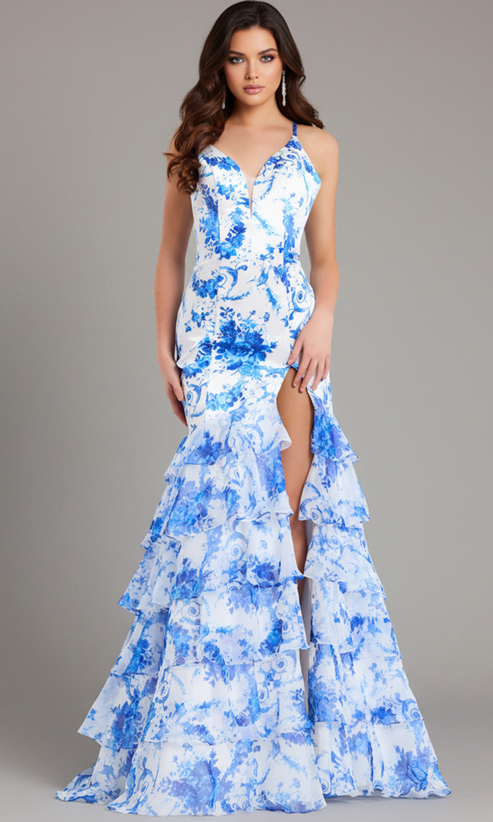 Jovani 48331 - Floral Print Tiered Prom Gown with Slit - designer prom dress at Silhouette Dresses