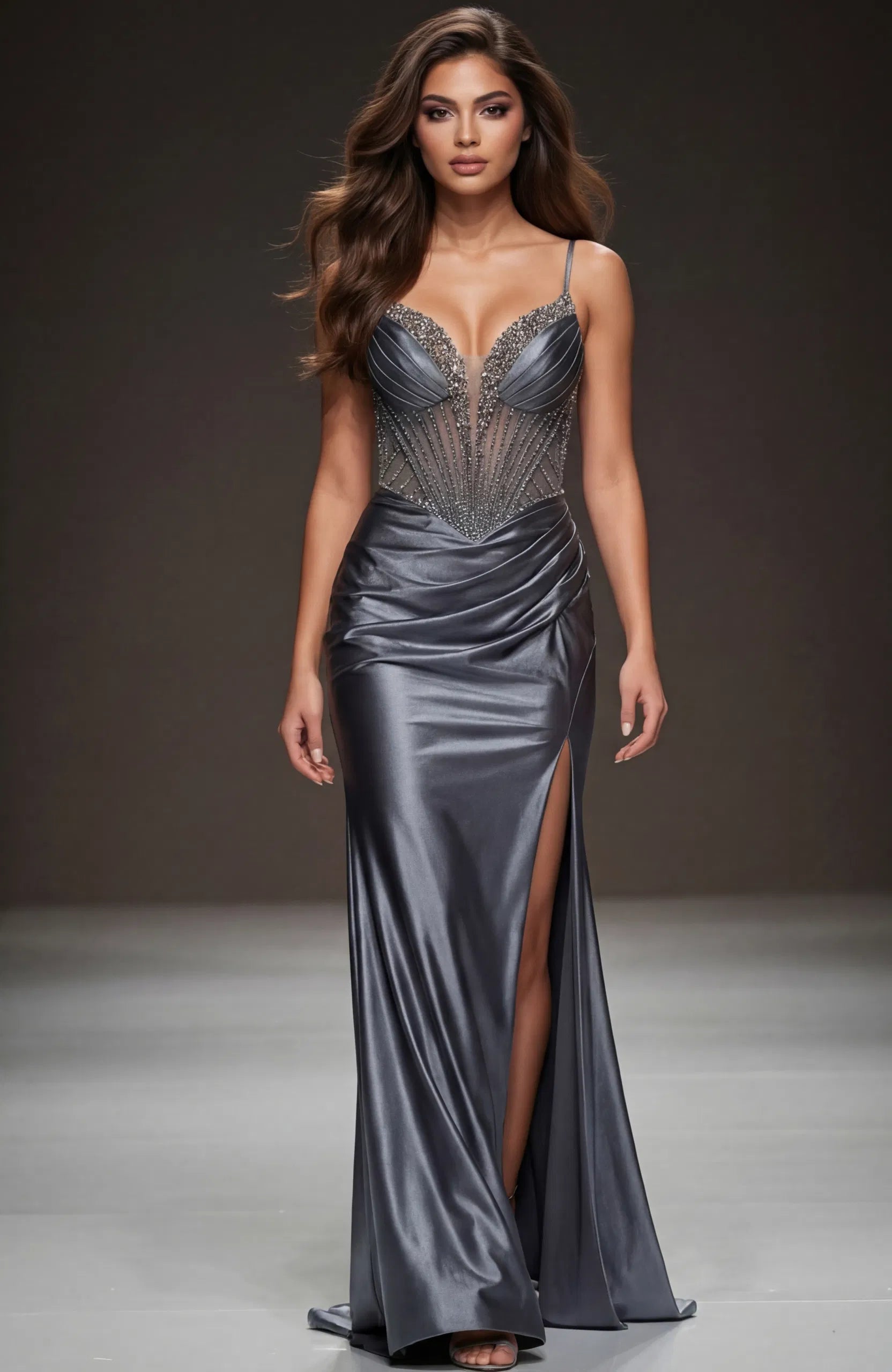 Jovani 48368 - Beaded Top Plunging Satin Gown - view 4