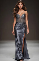 Jovani 48368 - Beaded Top Plunging Satin Gown - view 4
