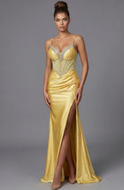 Jovani 48368 - Beaded Top Plunging Satin Gown - detail view
