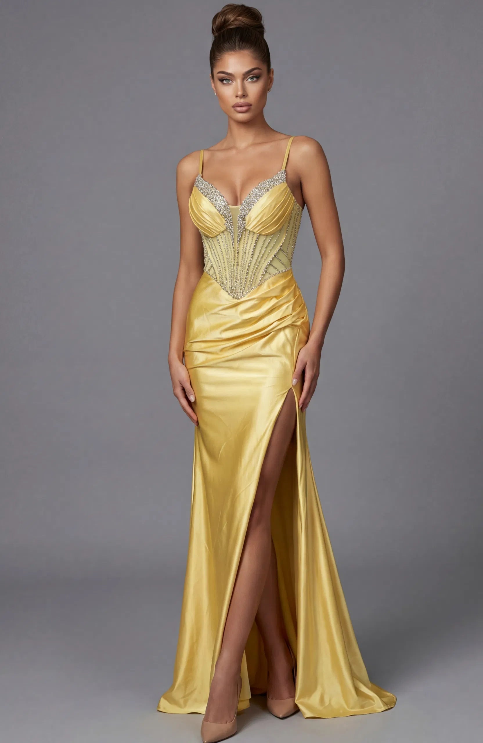 Jovani 48368 - Beaded Top Plunging Satin Gown - detail view