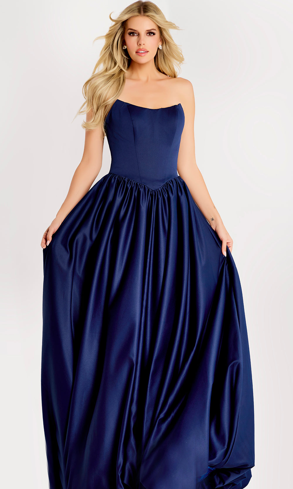 Jovani 48482 - Gathered Skirt Strapless Satin Gown - detail view