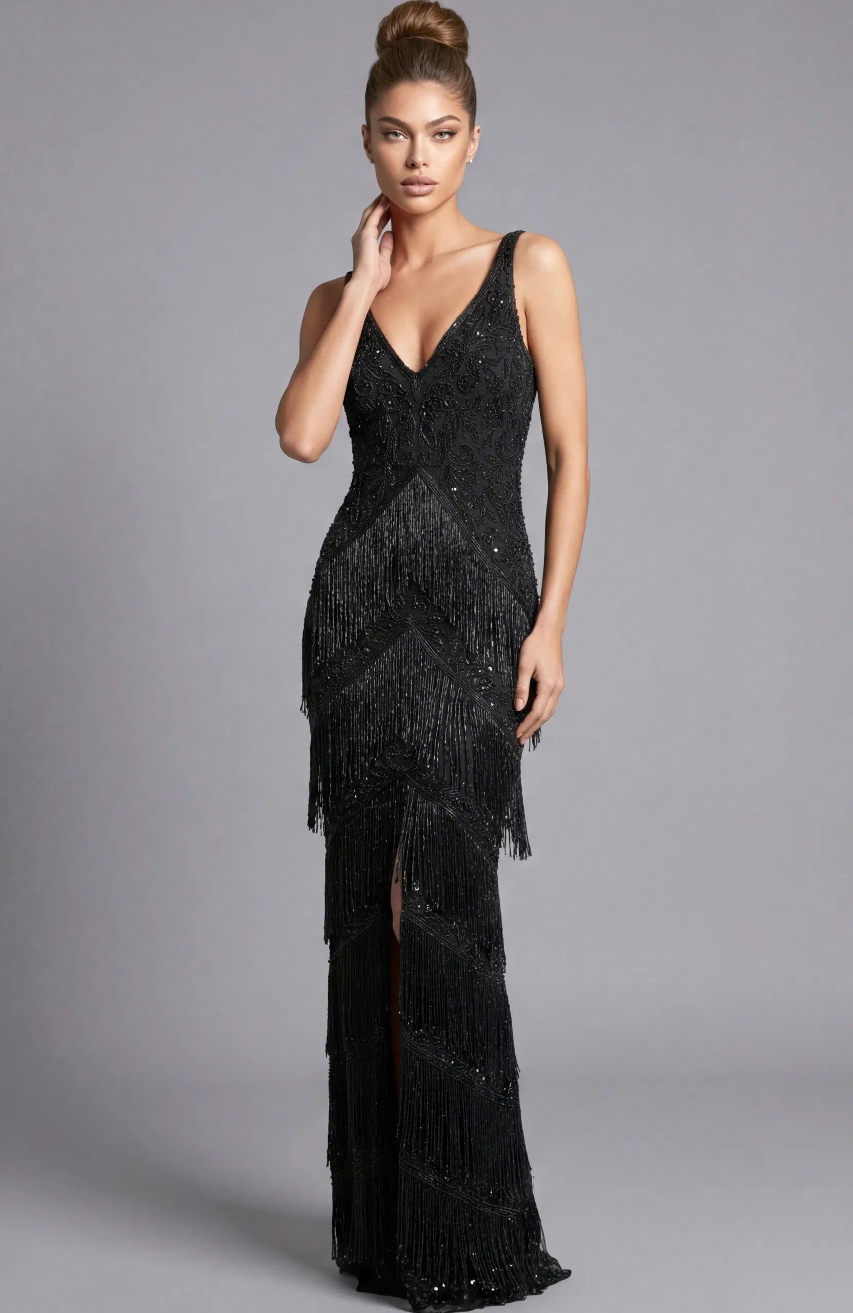 Jovani 48521 - Beaded Fringe Sleeveless V-Neckline Gown - designer prom dress at Silhouette Dresses