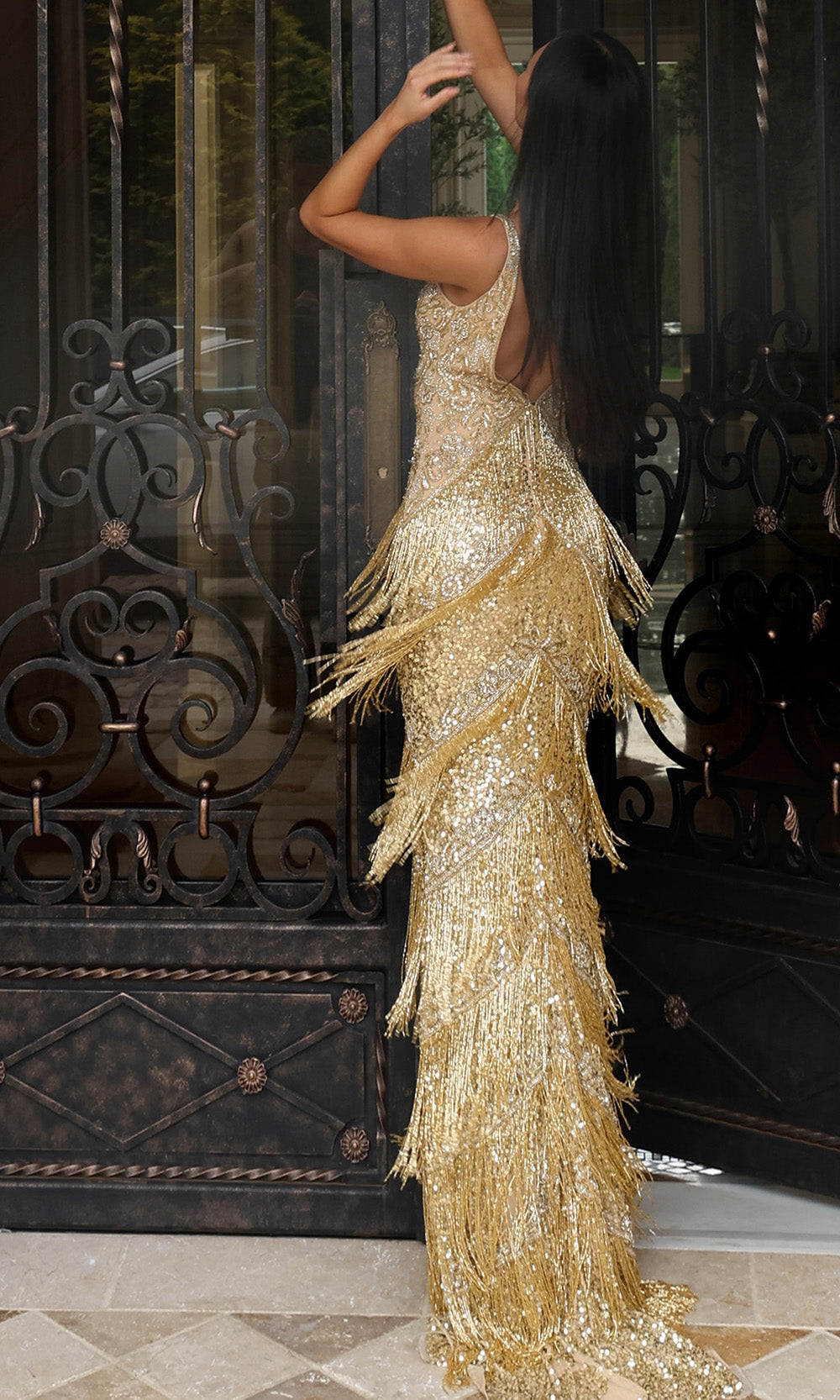 Jovani 48521 - Beaded Fringe Sleeveless V-Neckline Gown - back view