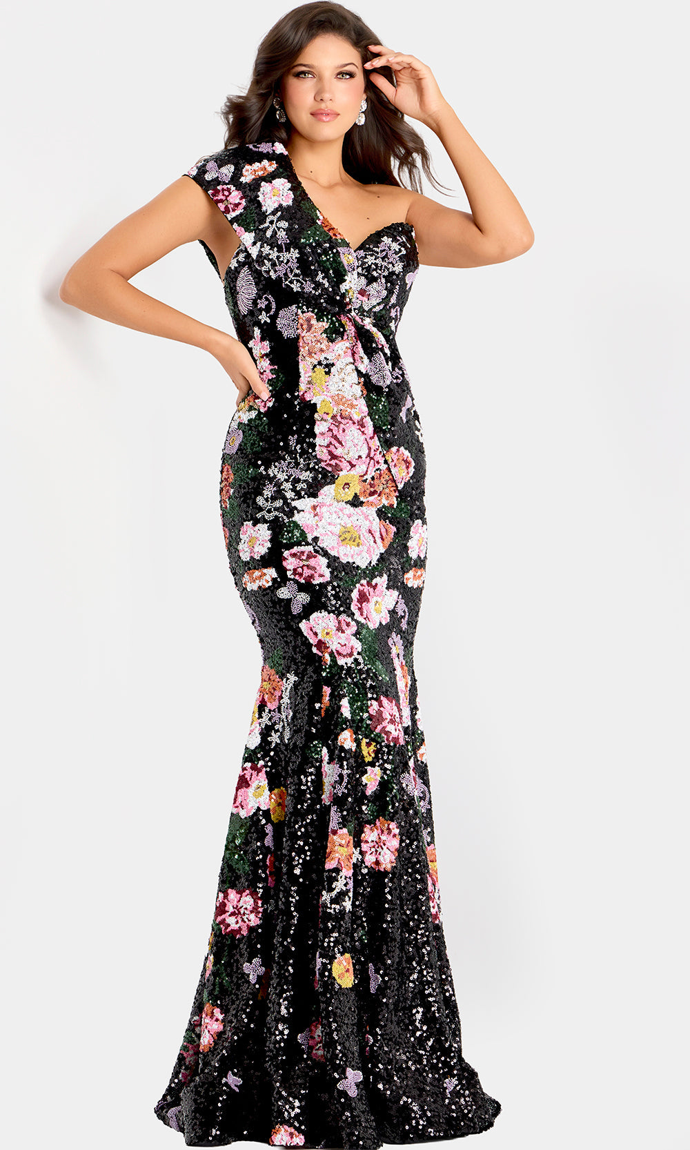 Jovani 48638 - One Shoulder Floral Sequin Evening Gown - back view