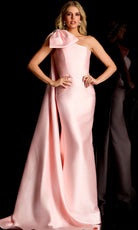 Jovani 48677 - Draped Shoulder Cape Satin Evening Gown - back view