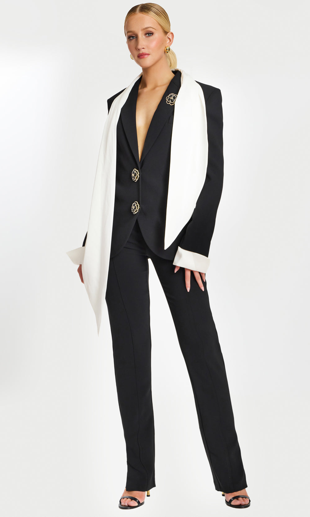 Jovani 48680 - Draped Scarf Pantsuit with Decorative Buttons - designer formal jumpsuit at Silhouette Dresses