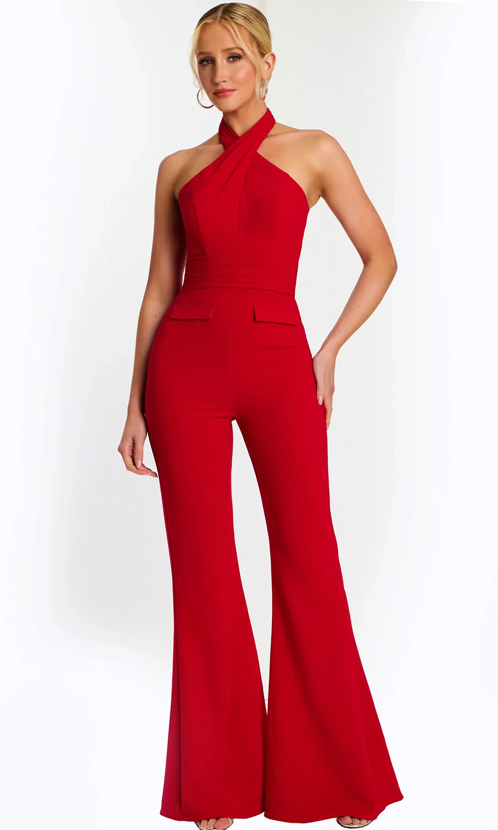 Jovani 48809 - Crisscross Halter Flared Leg Jumpsuit - designer formal jumpsuit at Silhouette Dresses