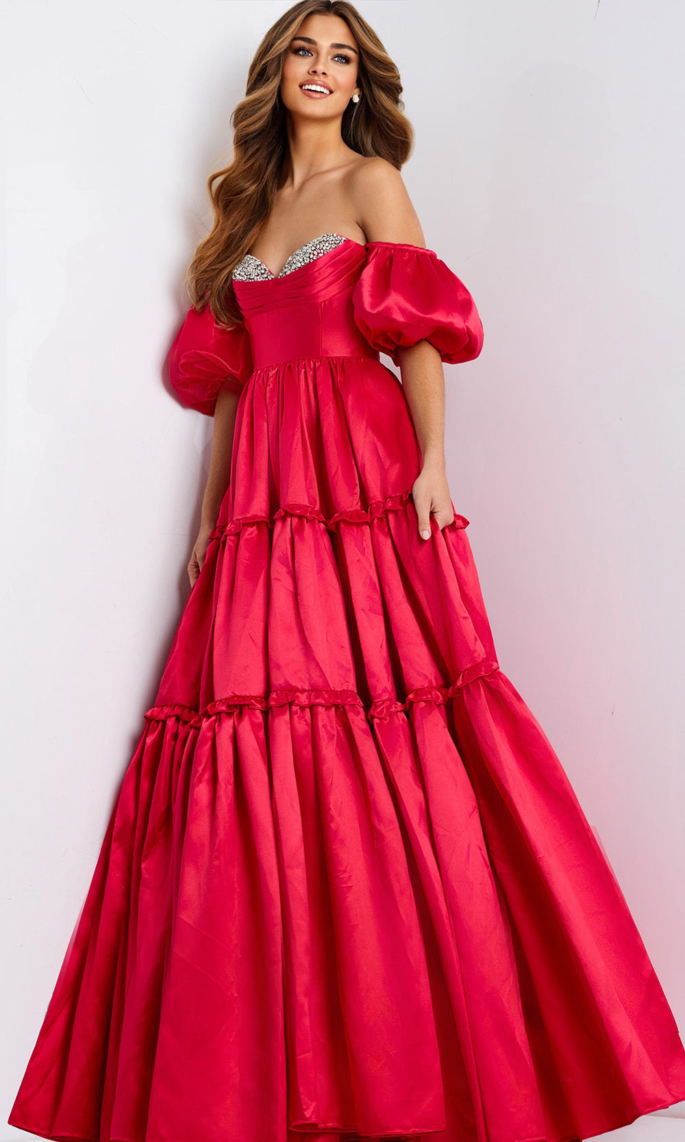 Jovani 49055 - Puff Off Shoulder Sleeve Tiered Ballgown - designer prom dress at Silhouette Dresses