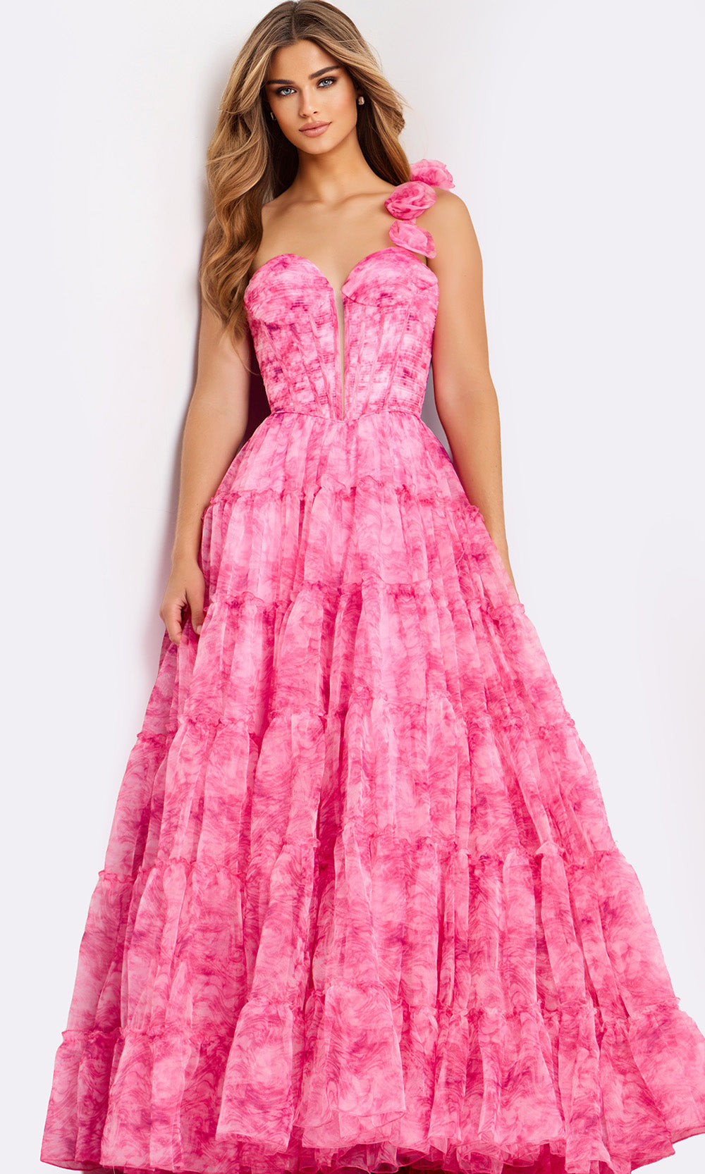 Jovani 49074 - Floral Shoulder Strap Tiered Ballgown - back view