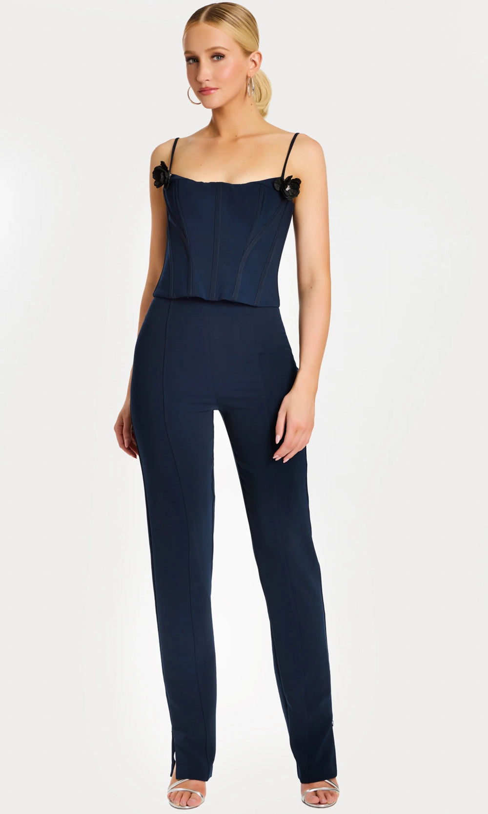 Jovani 49139 - Spaghetti Strap Corset Jumpsuit with Floral Accent - designer formal jumpsuit at Silhouette Dresses