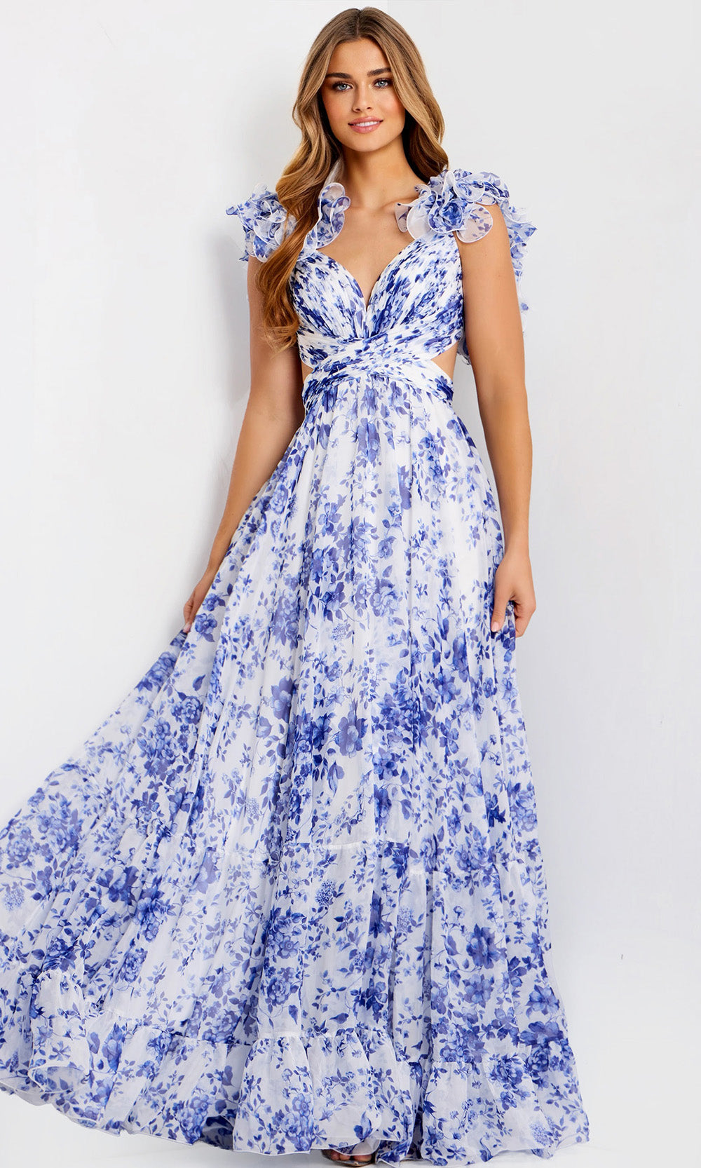 Jovani 49143 - Ruffle Sleeve Floral A-Line Gown - designer prom dress at Silhouette Dresses