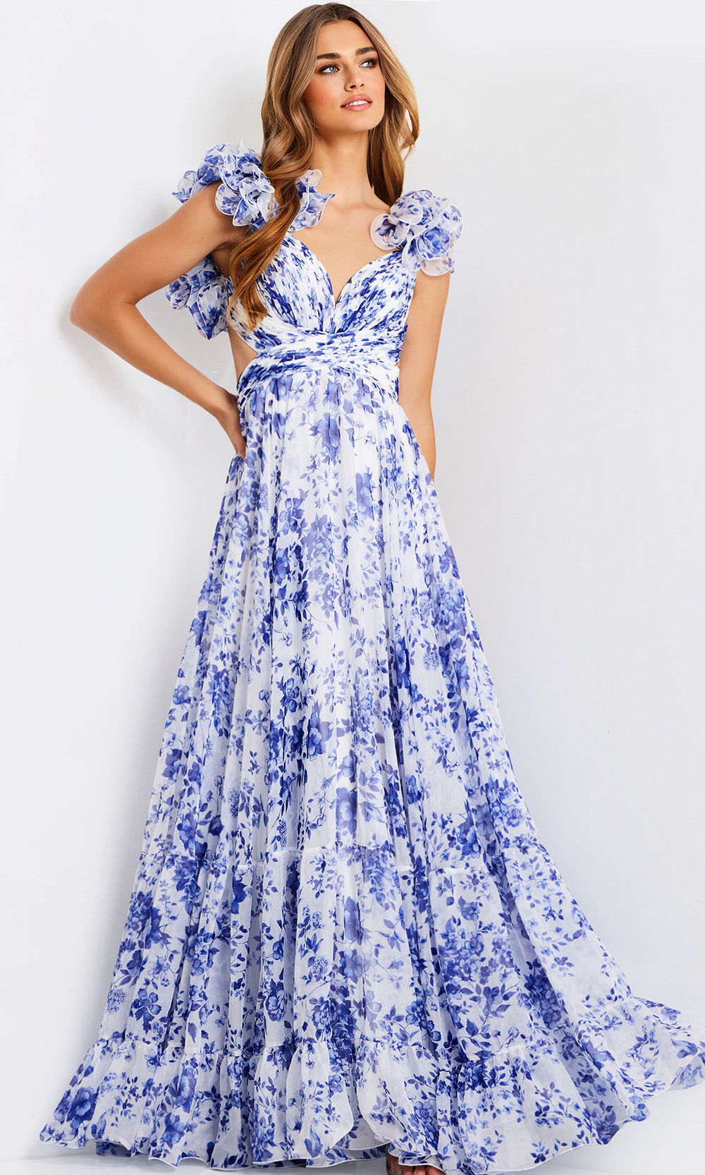 Jovani 49143 - Ruffle Sleeve Floral A-Line Gown - view 4