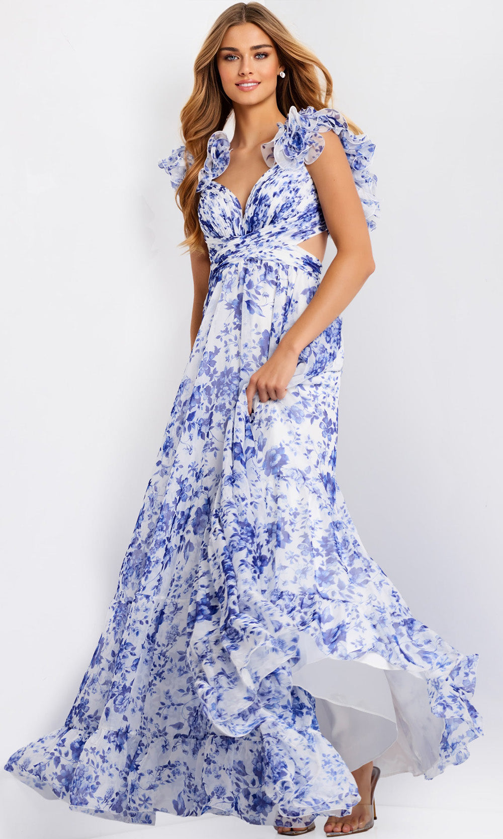 Jovani 49143 - Ruffle Sleeve Floral A-Line Gown - view 5