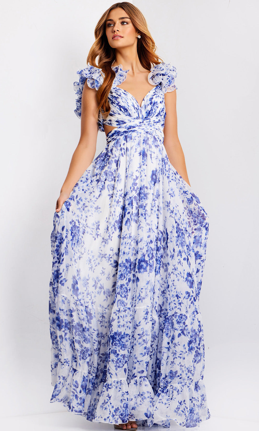 Jovani 49143 - Ruffle Sleeve Floral A-Line Gown - view 6