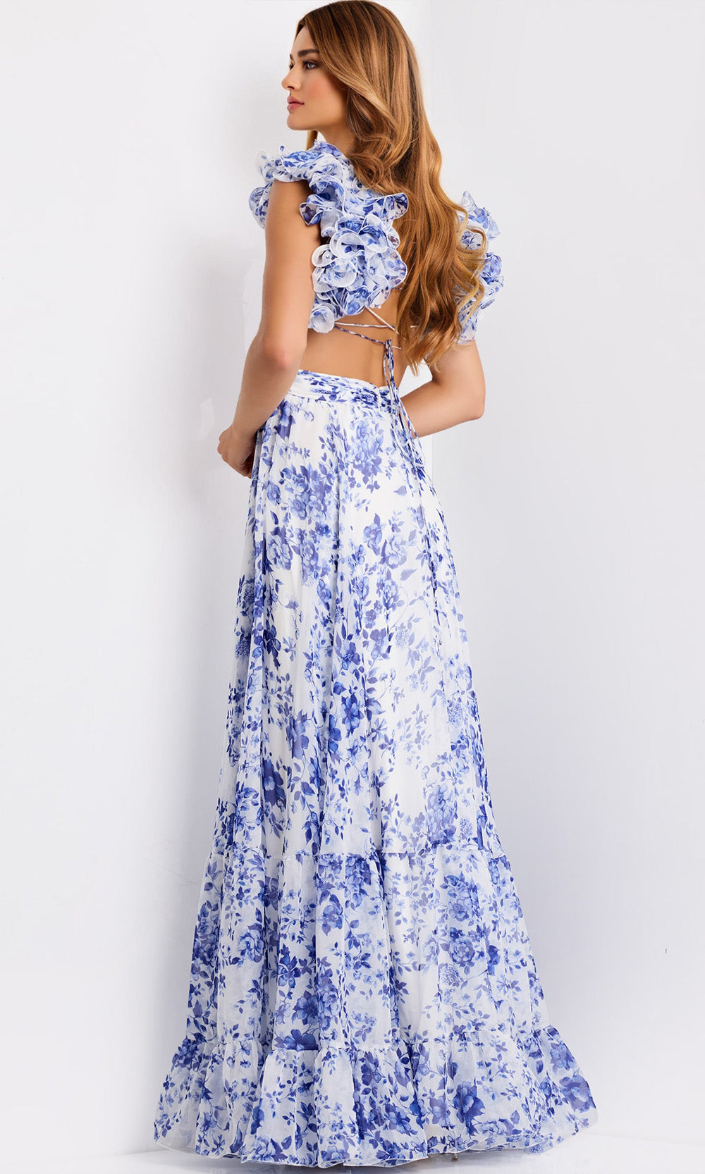Jovani 49143 - Ruffle Sleeve Floral A-Line Gown - back view