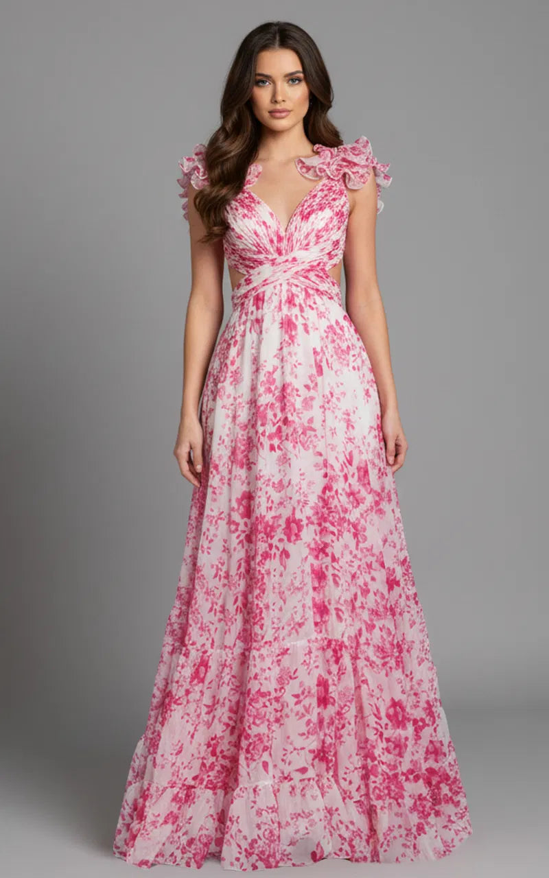 Jovani 49143 - Ruffle Sleeve Floral A-Line Gown - view 7