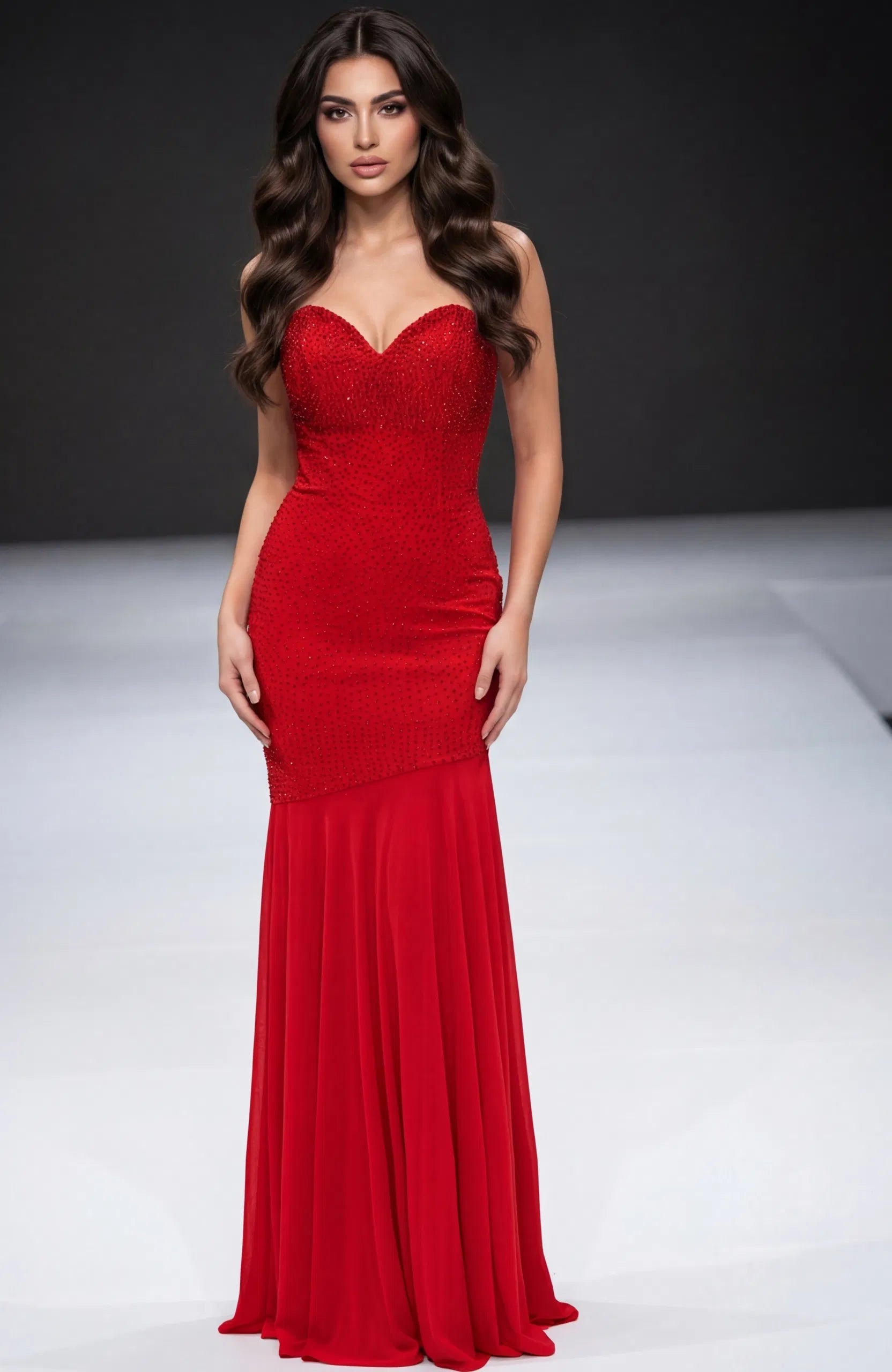 Jovani 49147 - Sheer Skirt Beaded V-Neckline Dress - detail view