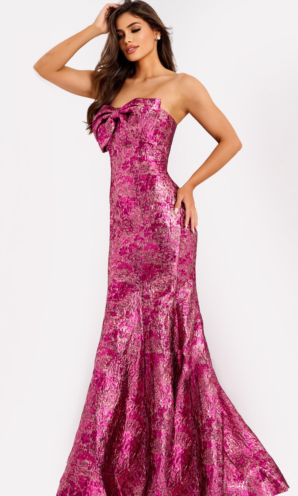 Jovani 49163 - Metallic Jacquard Bow Neckline Evening Gown - view 5