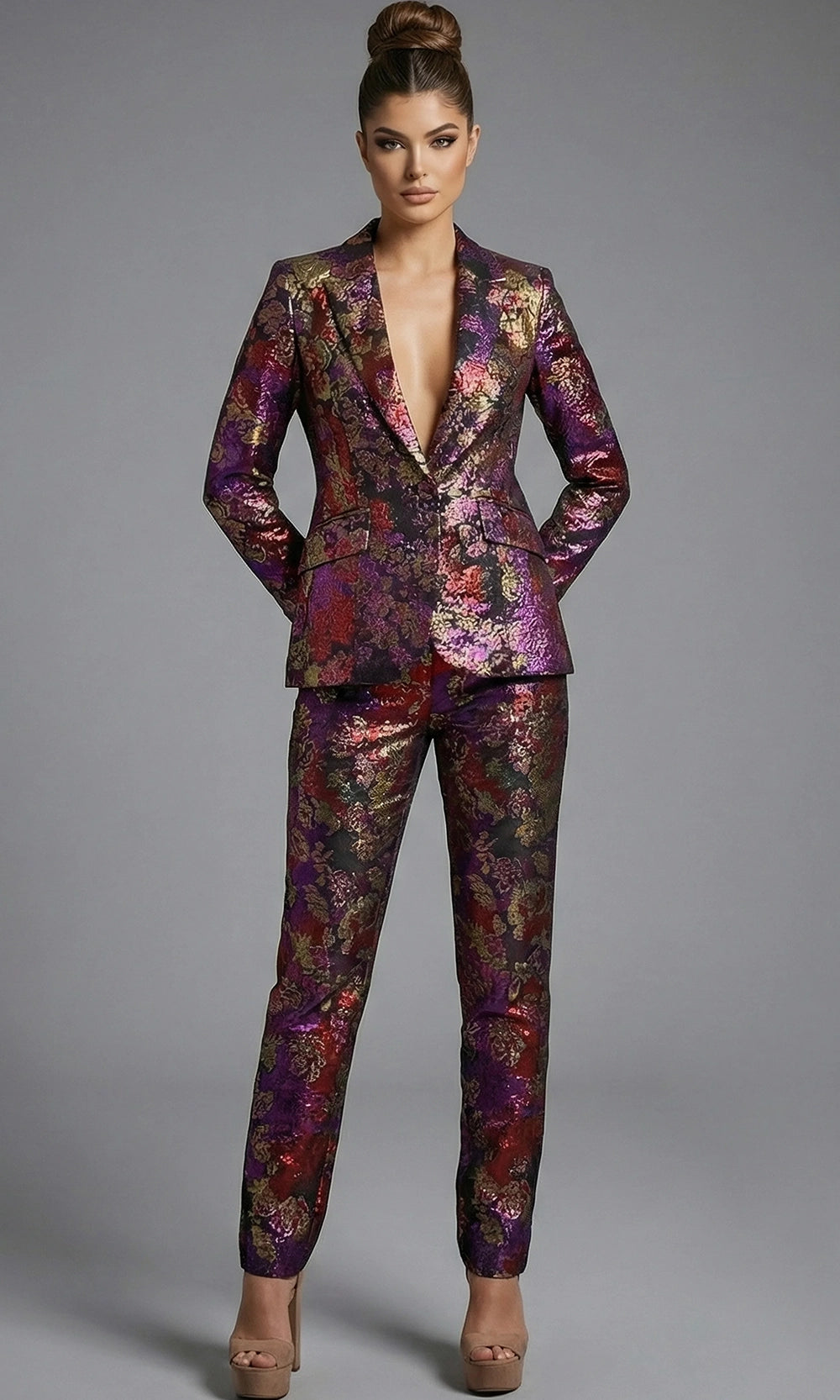 Jovani 49164 - Floral Tailored Pantsuit with Plunging Neckline - designer formal jumpsuit at Silhouette Dresses