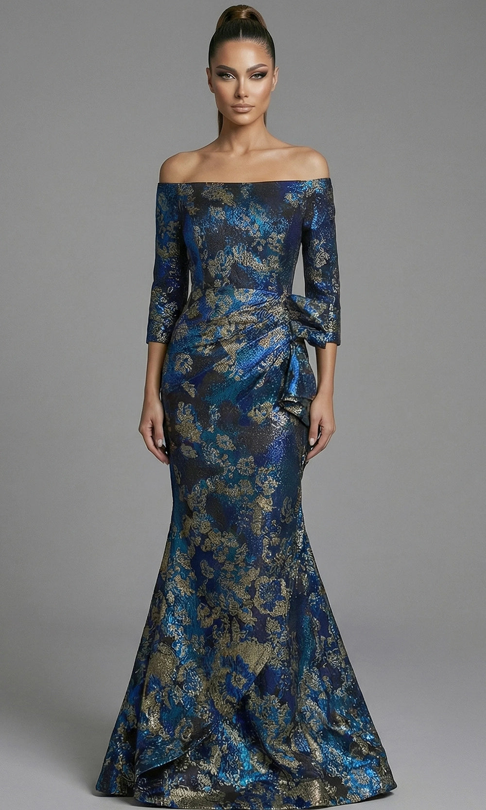 Jovani 49165 - Draped Waist Metallic Brocade Long Gown - designer mother of the bride dress at Silhouette Dresses