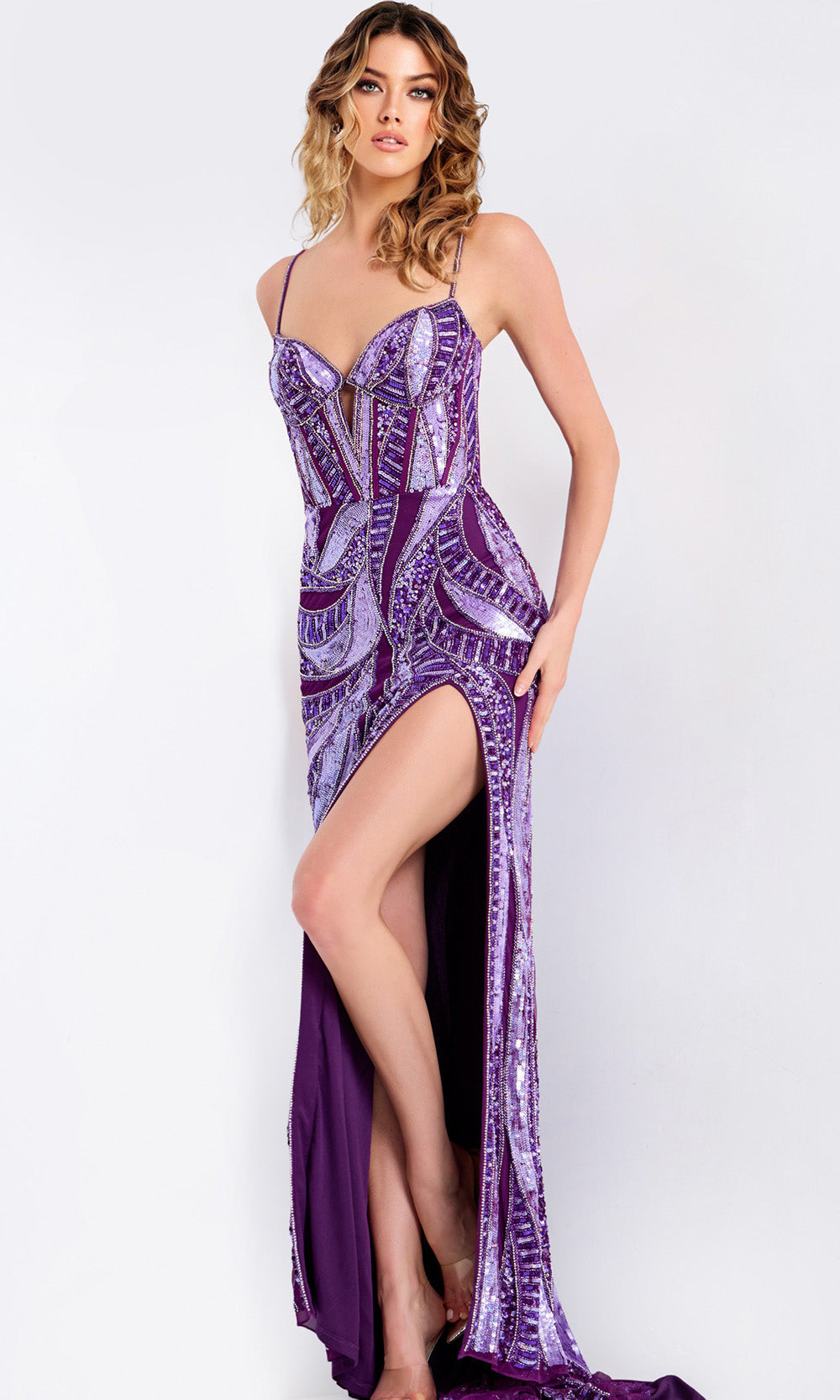 Jovani 49228 - Geometric Sequin Spaghetti Strap Gown - back view