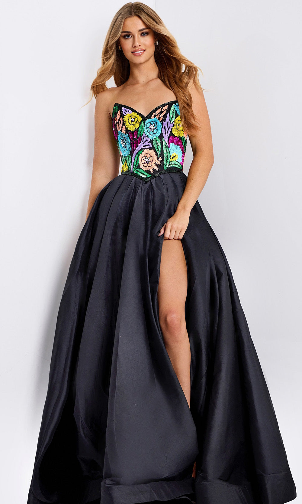Jovani 49233 - Floral Beaded Satin Pleated Ballgown - designer prom dress at Silhouette Dresses