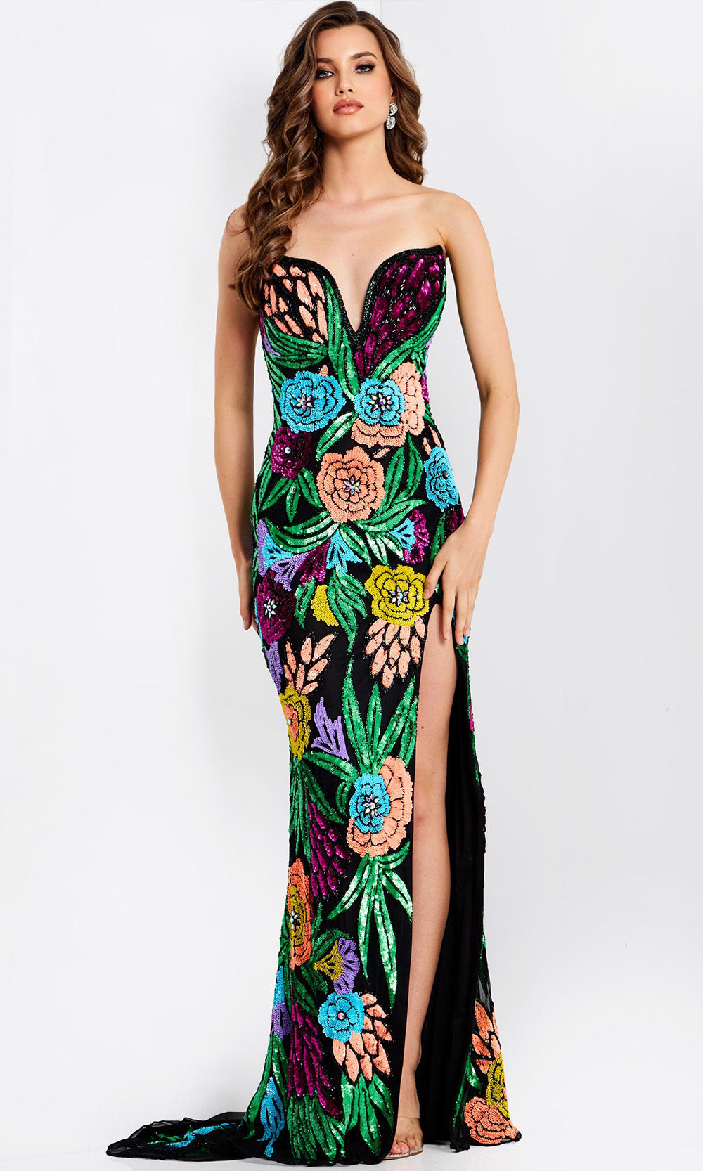 Jovani 49234 - Plunging Neck Fitted Gown with Floral Sequin - back view
