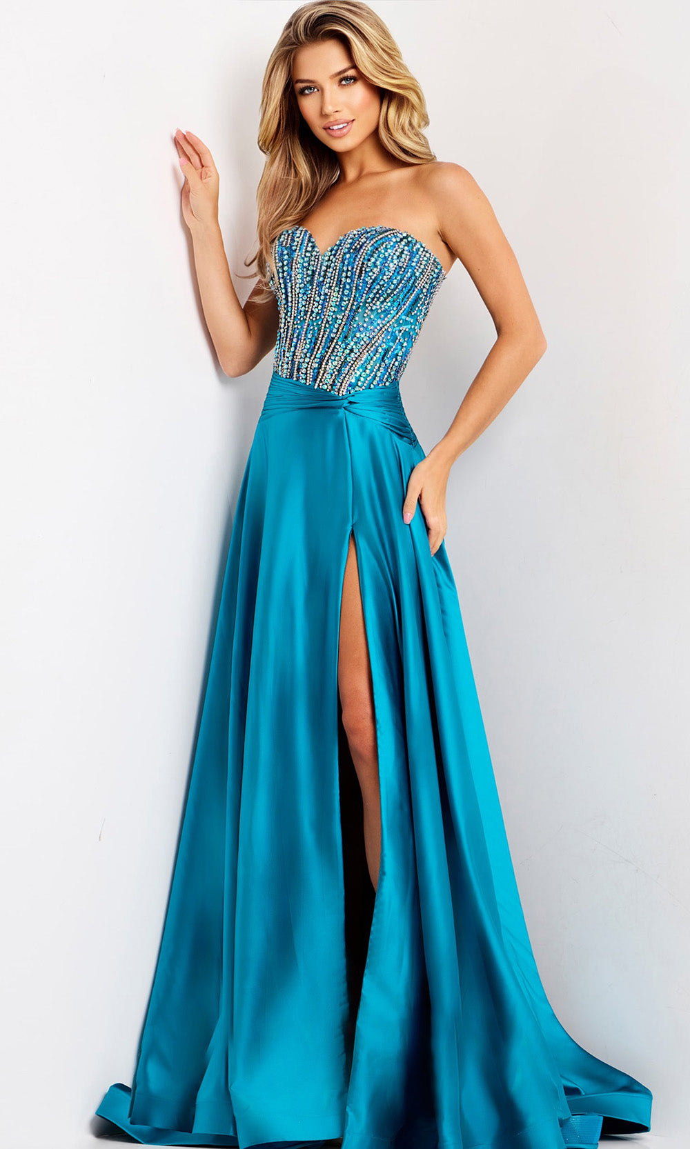 Jovani 43729 - Strapless Beaded Bodice Satin Gown - detail view