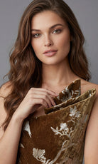 Jovani 49312 - Floral Brocade Sculptural Neckline Evening Gown - detail view