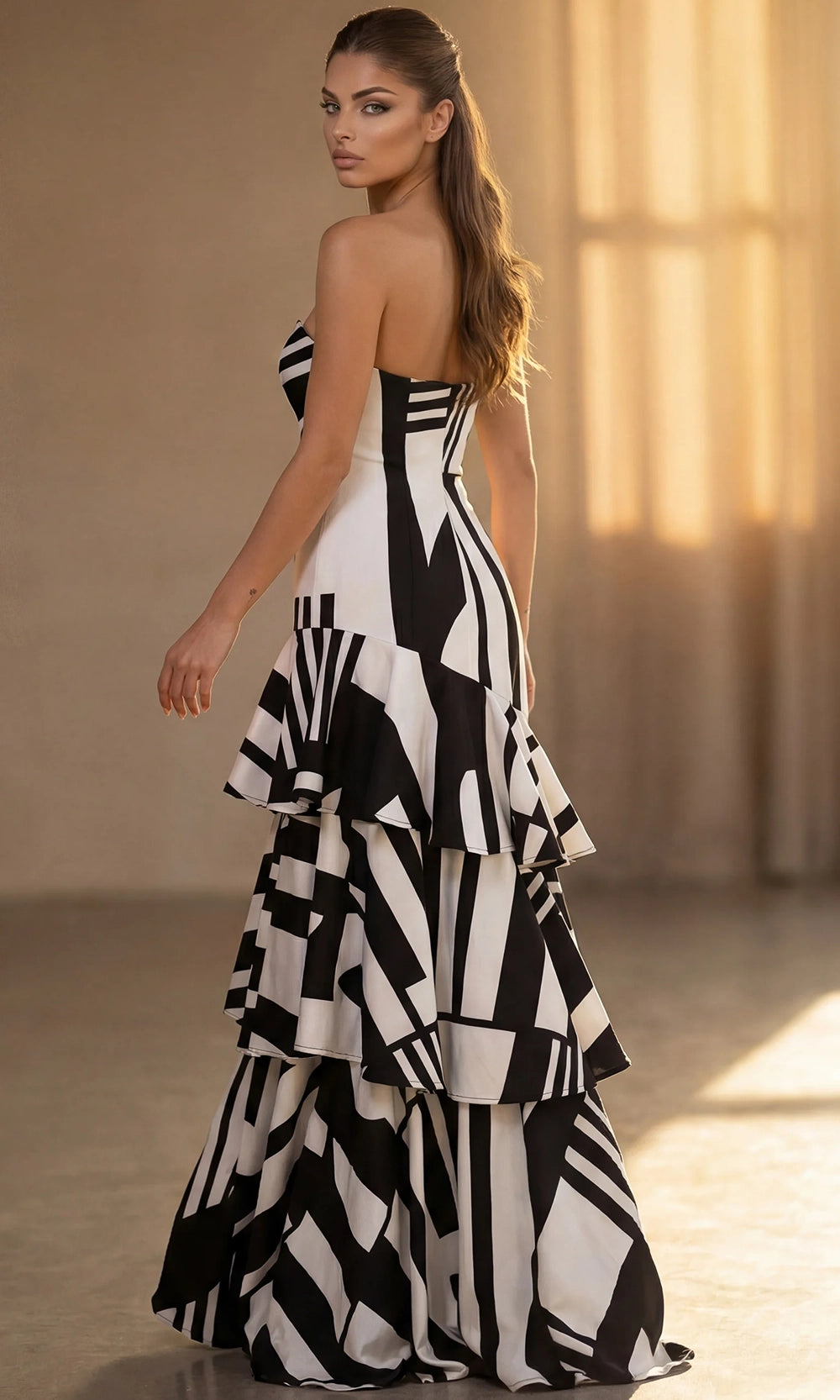 Jovani 49317 - Abstract Print Tiered Evening Gown with Bow - view 7