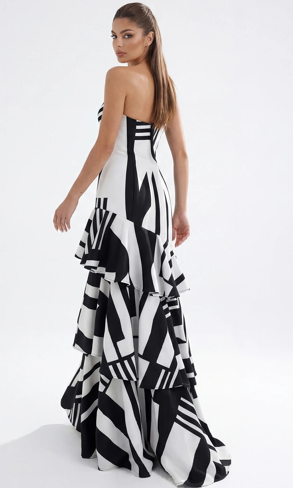 Jovani 49317 - Abstract Print Tiered Evening Gown with Bow - back view