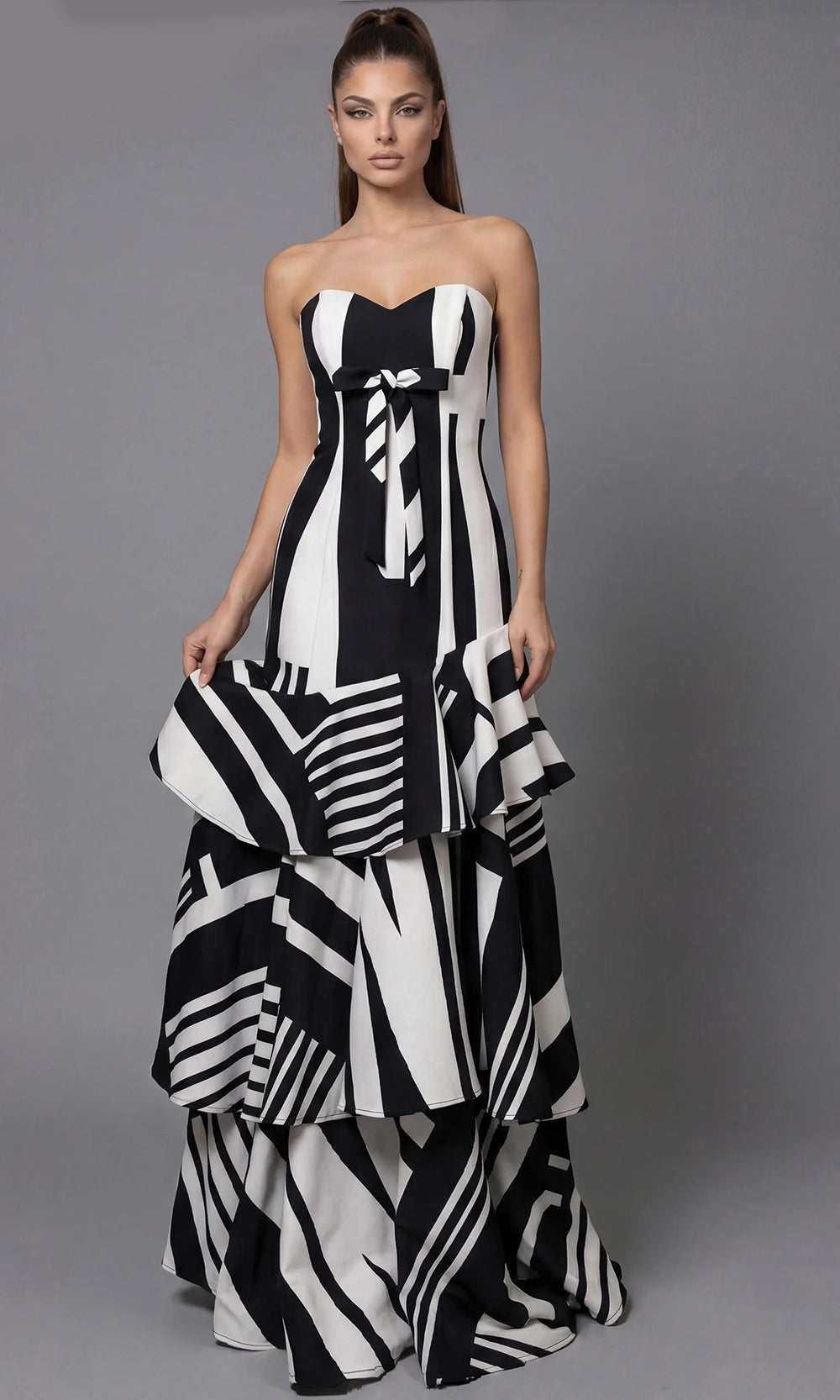 Jovani 49317 - Abstract Print Tiered Evening Gown with Bow - view 5