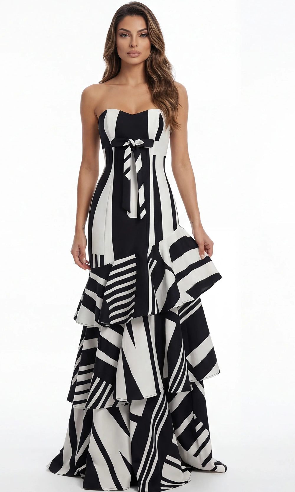 Jovani 49317 - Abstract Print Tiered Evening Gown with Bow - designer evening gown at Silhouette Dresses