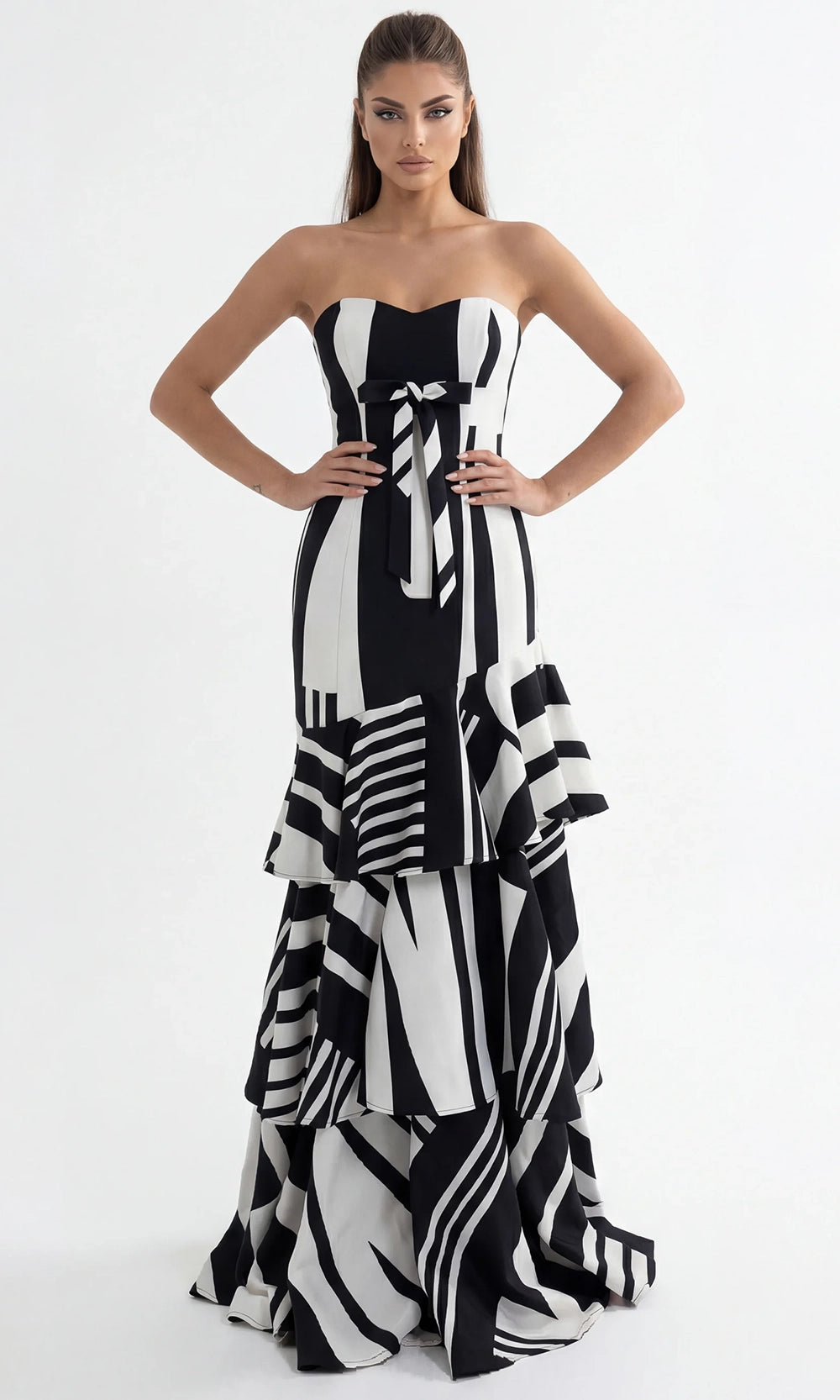 Jovani 49317 - Abstract Print Tiered Evening Gown with Bow - view 6