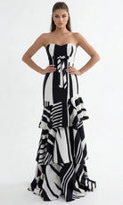 Jovani 49317 - Abstract Print Tiered Evening Gown with Bow - view 6