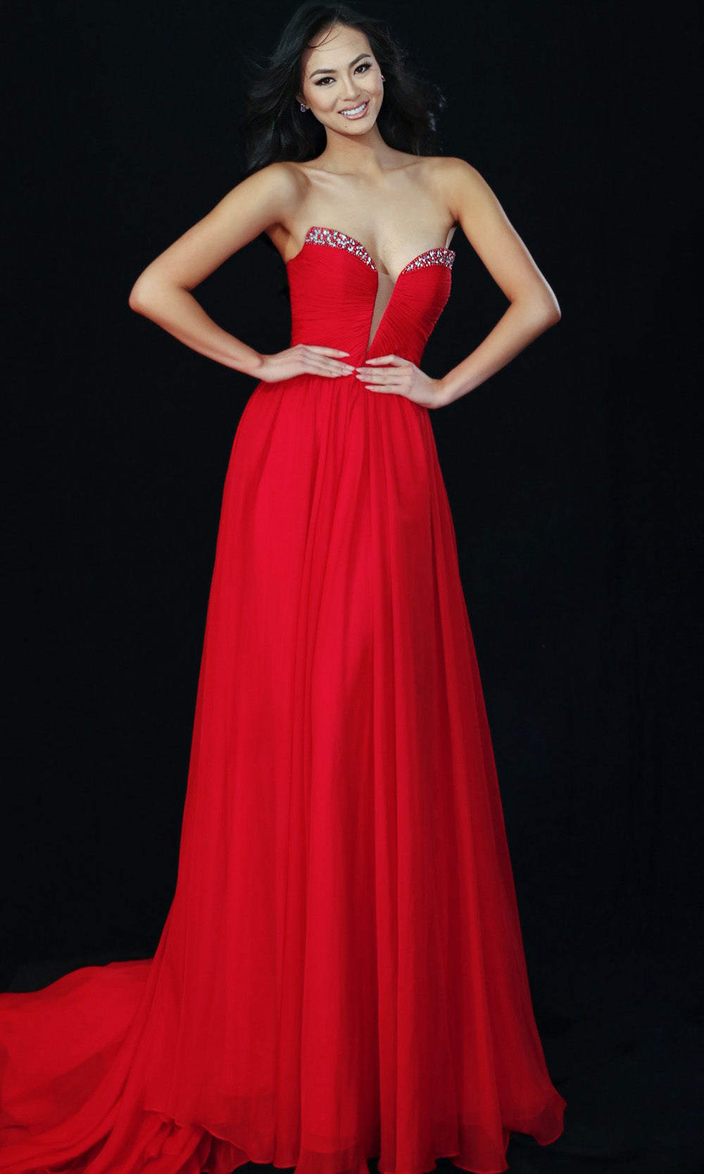 Jovani 49422 - Beaded Accent Plunging Chiffon Gown - designer prom dress at Silhouette Dresses