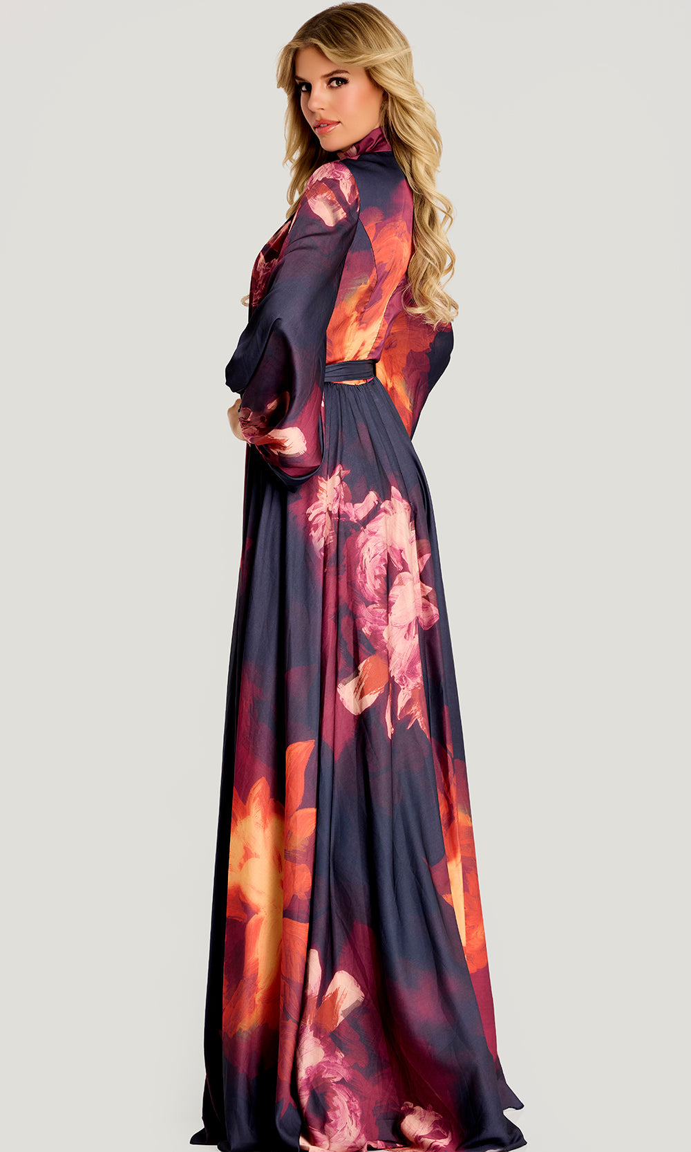 Jovani 49464 - Floral Chiffon High Neck Evening Gown - back view