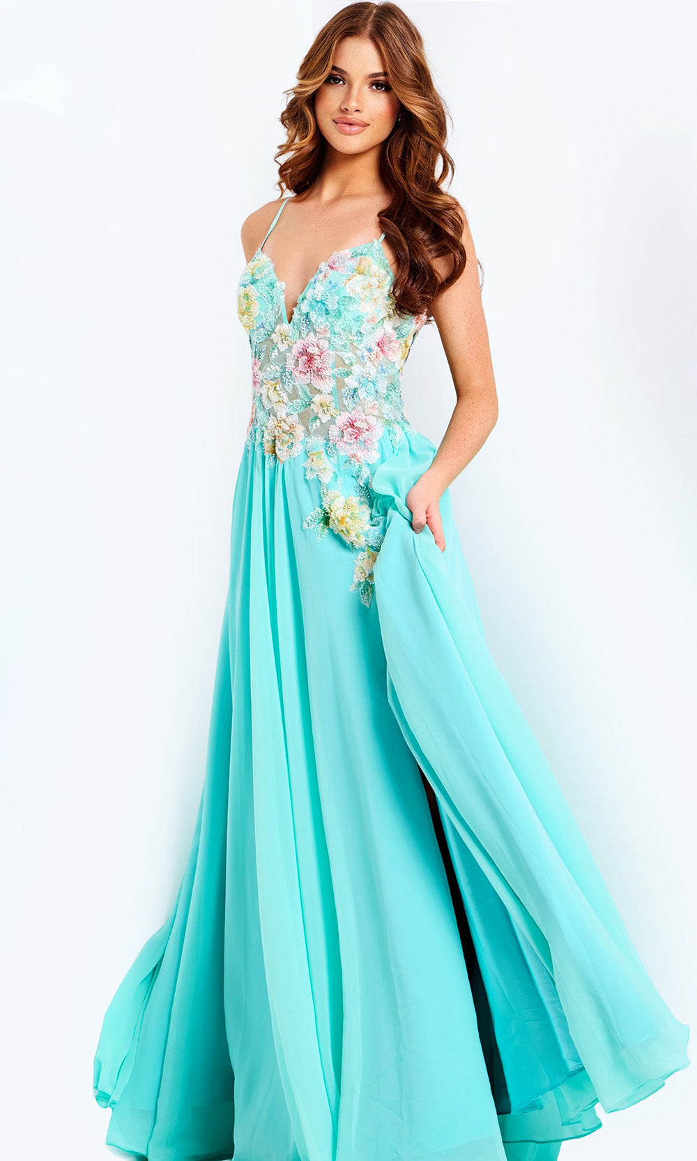 Jovani 49633 - Floral Applique Corset Chiffon A-Line Dress - detail view