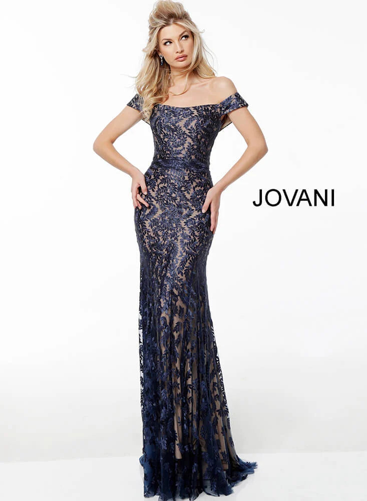 Jovani - 49634 Embroidered Off Shoulder Fitted Dress - detail view