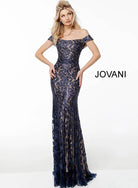 Jovani - 49634 Embroidered Off Shoulder Fitted Dress - detail view
