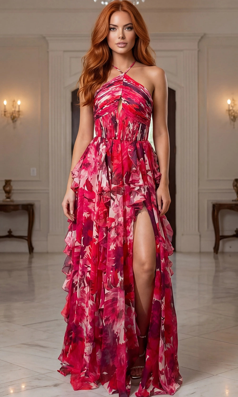 Jovani 49644 - Floral Halter Ruffle Long Gown - designer formal gown at Silhouette Dresses