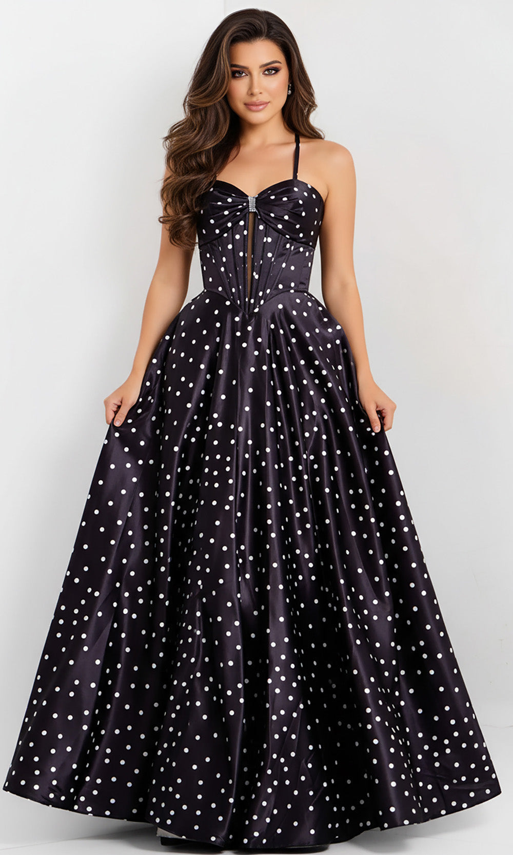 Jovani 49774 - Lace-Up Back Polka Dot Prom Gown - designer prom dress at Silhouette Dresses