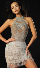 Jovani 49813 - Beaded High Halter Fringe Cocktail Dress - back view
