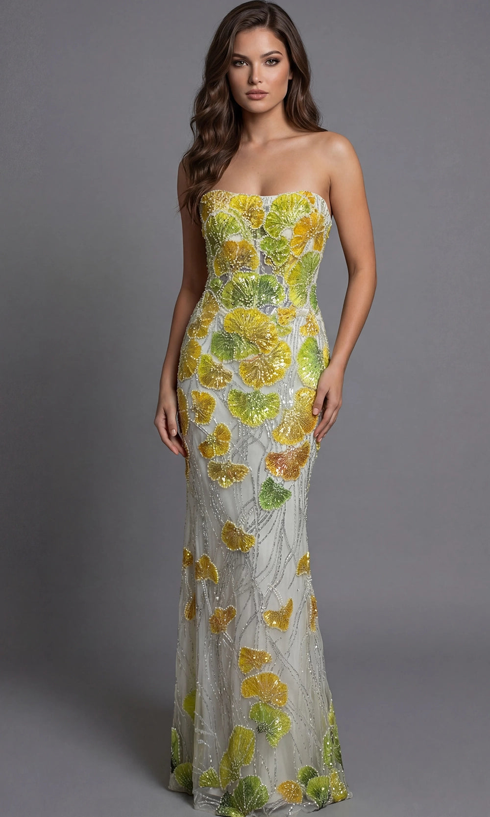 Jovani 49884 - Embroidered Tulle Fitted Strapless Gown - back view
